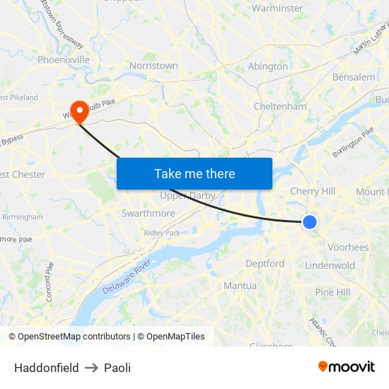 Haddonfield to Paoli map