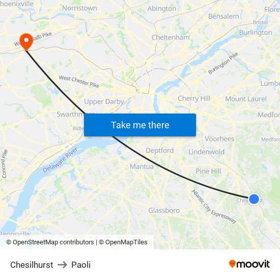 Chesilhurst to Paoli map