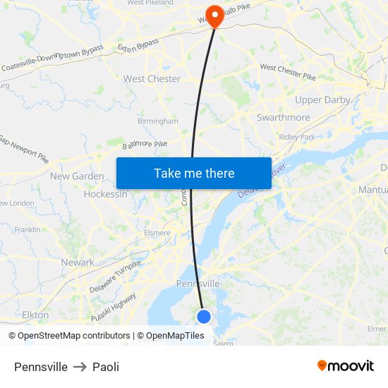 Pennsville to Paoli map