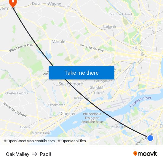 Oak Valley to Paoli map
