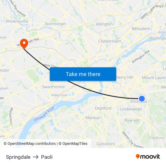 Springdale to Paoli map