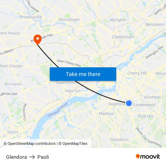 Glendora to Paoli map