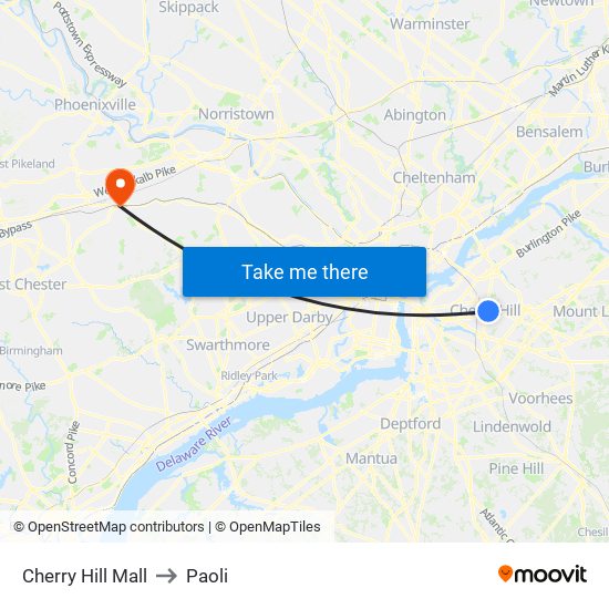 Cherry Hill Mall to Paoli map