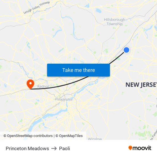 Princeton Meadows to Paoli map