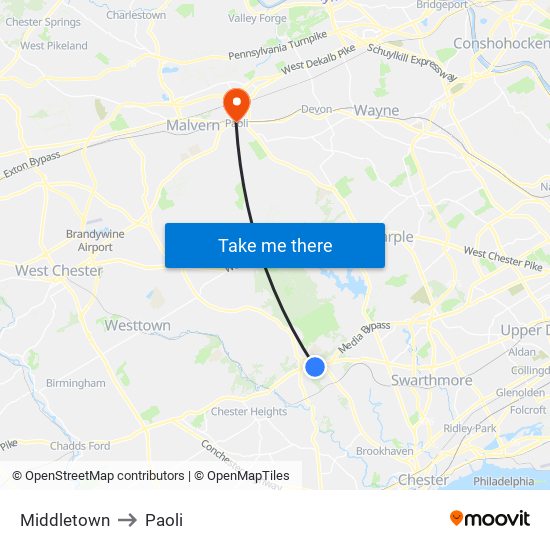 Middletown to Paoli map