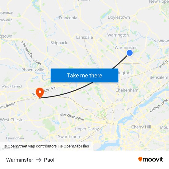 Warminster to Paoli map