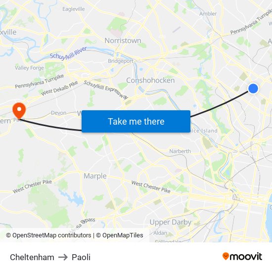 Cheltenham to Paoli map