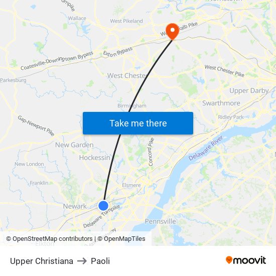 Upper Christiana to Paoli map