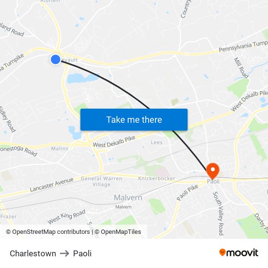 Charlestown to Paoli map