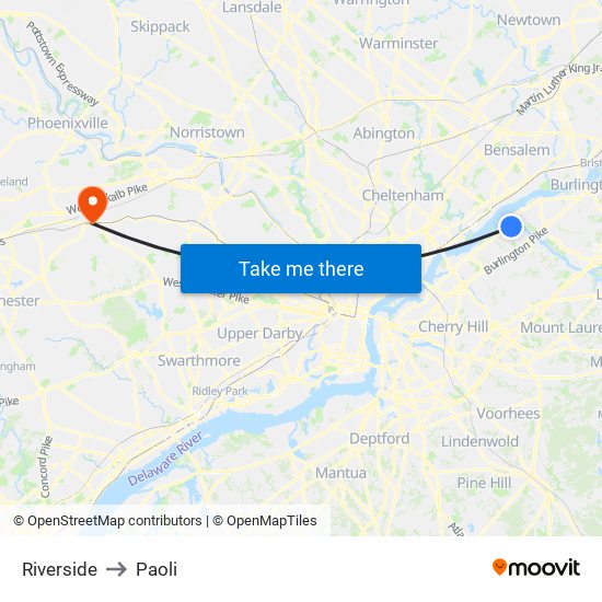 Riverside to Paoli map