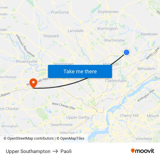 Upper Southampton to Paoli map