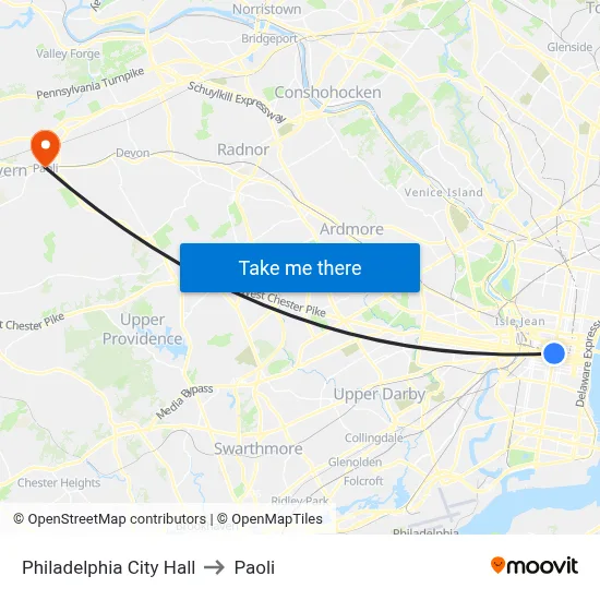 Philadelphia City Hall to Paoli map