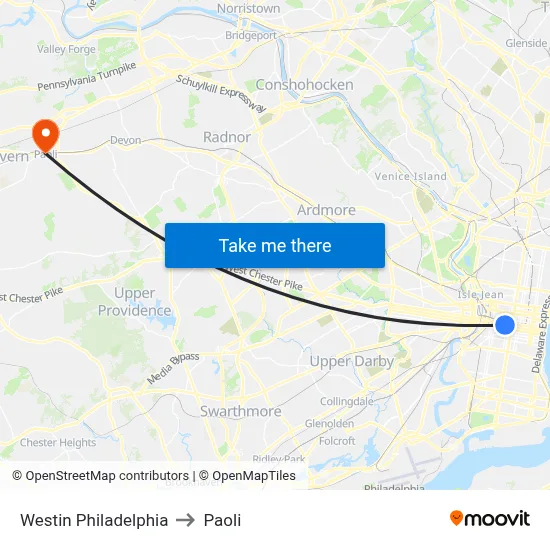 Westin Philadelphia to Paoli map