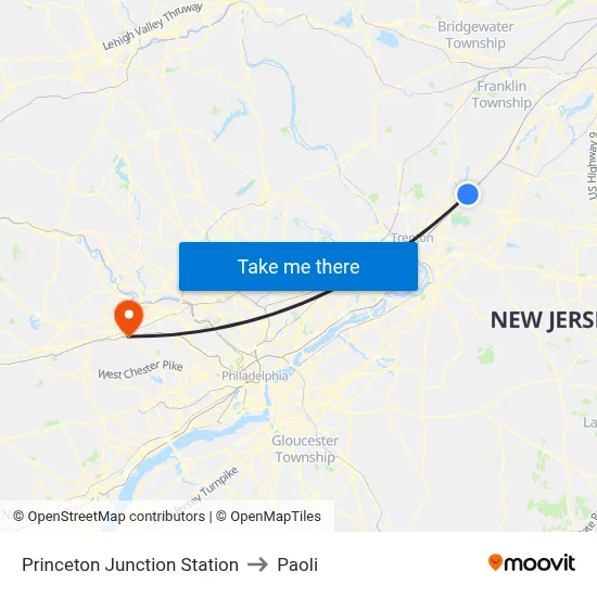 Princeton Junction Station to Paoli map
