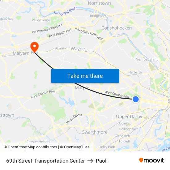 69th Street Transportation Center to Paoli map