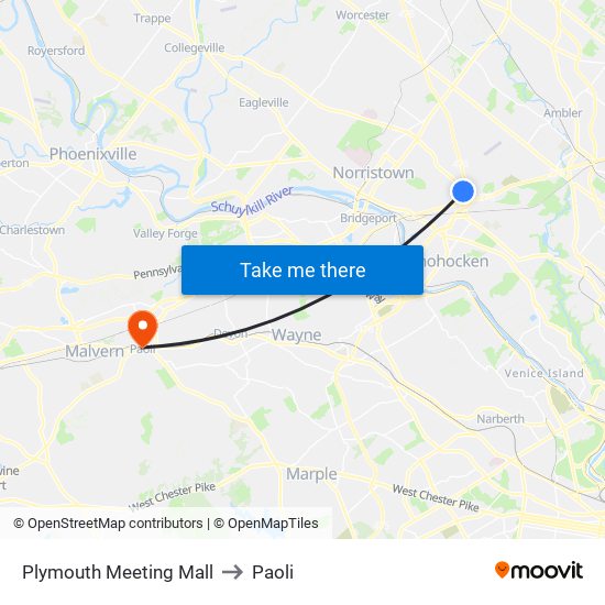 Plymouth Meeting Mall to Paoli map