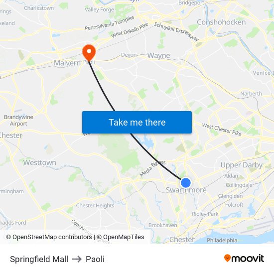 Springfield Mall to Paoli map