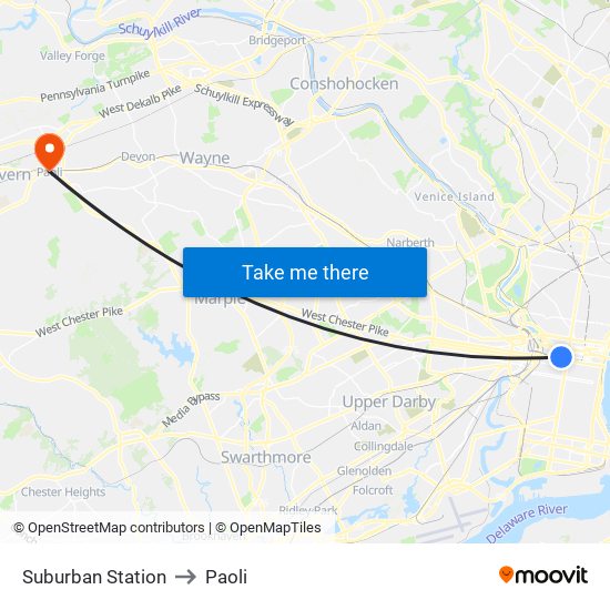 Suburban Station to Paoli map