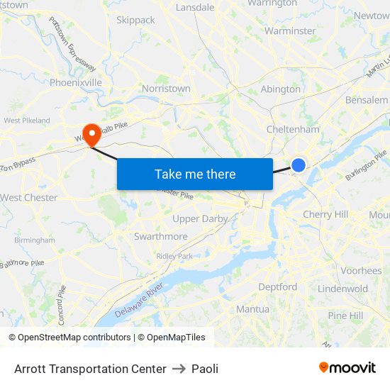 Arrott Transportation Center to Paoli map