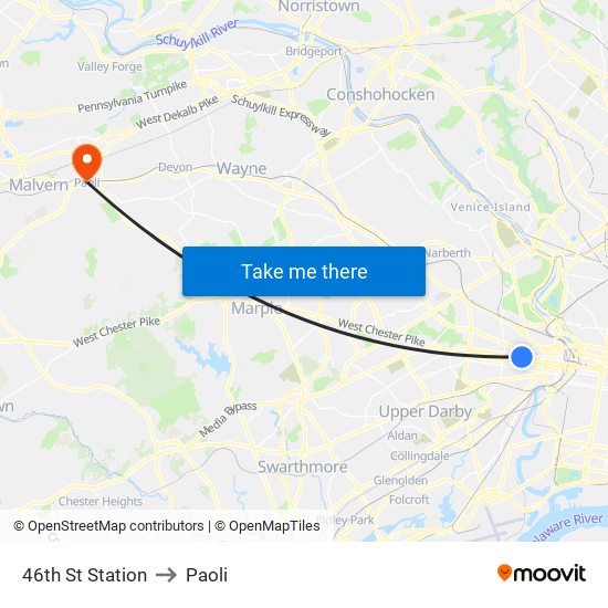 46th St Station to Paoli map