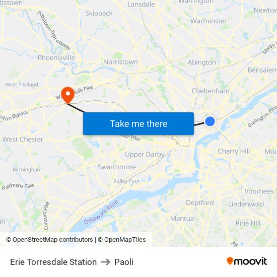 Erie Torresdale Station to Paoli map