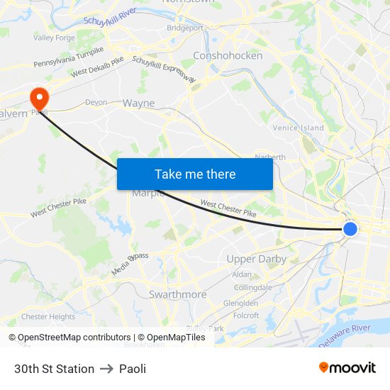 30th St Station to Paoli map