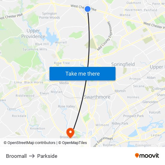 Broomall to Parkside map