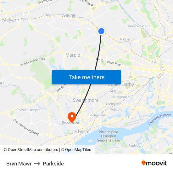 Bryn Mawr to Parkside map