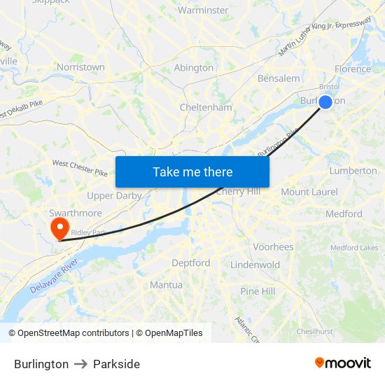 Burlington to Parkside map
