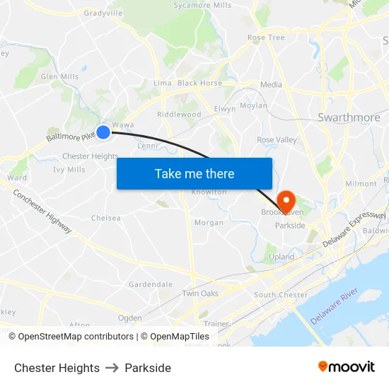 Chester Heights to Parkside map
