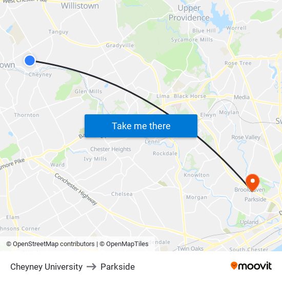 Cheyney University to Parkside map