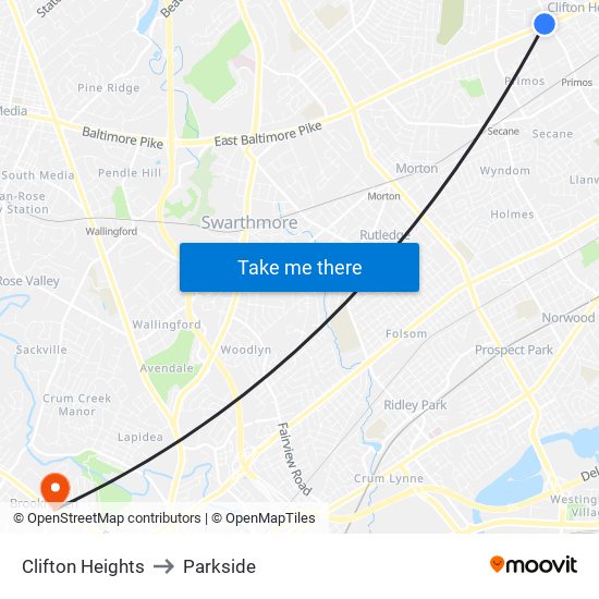 Clifton Heights to Parkside map