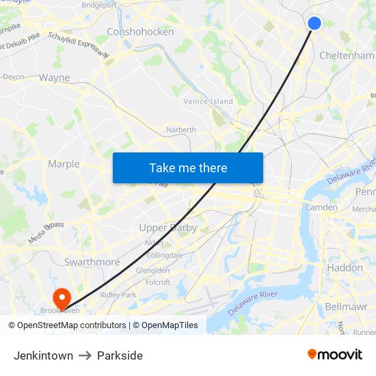 Jenkintown to Parkside map