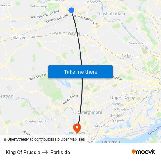 King Of Prussia to Parkside map