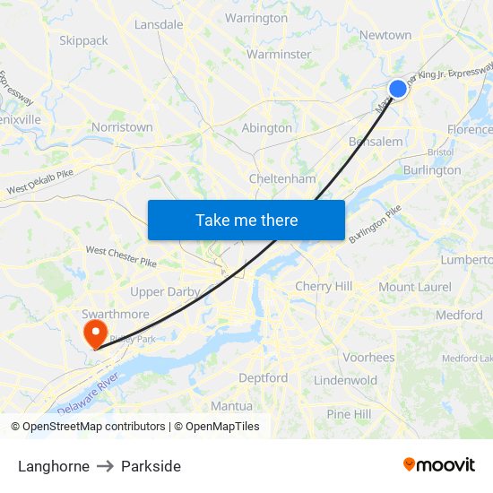 Langhorne to Parkside map