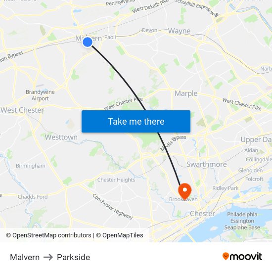 Malvern to Parkside map