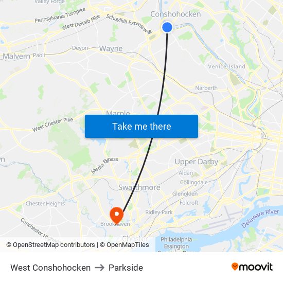 West Conshohocken to Parkside map