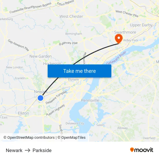 Newark to Parkside map