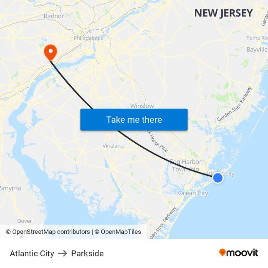 Atlantic City to Parkside map