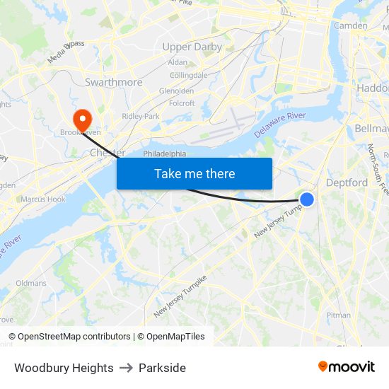Woodbury Heights to Parkside map