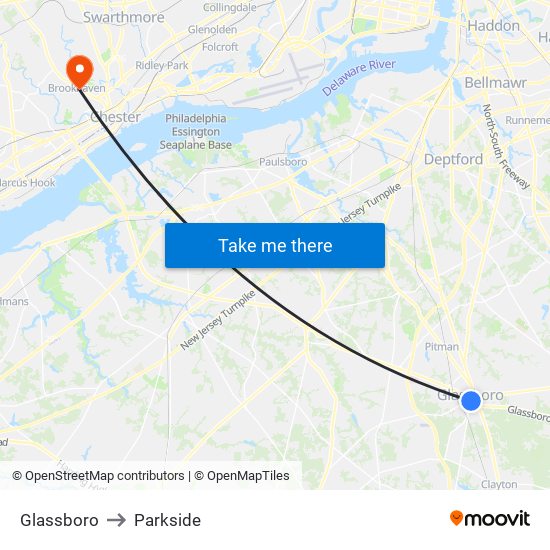 Glassboro to Parkside map