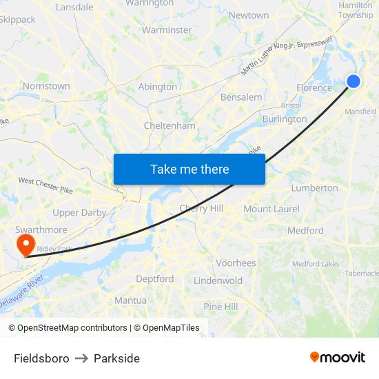 Fieldsboro to Parkside map