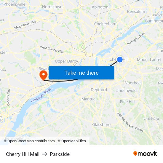 Cherry Hill Mall to Parkside map