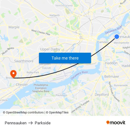 Pennsauken to Parkside map