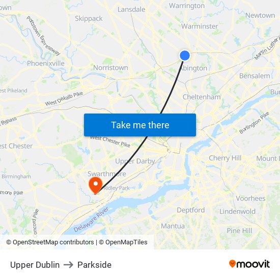 Upper Dublin to Parkside map