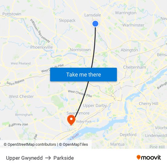 Upper Gwynedd to Parkside map