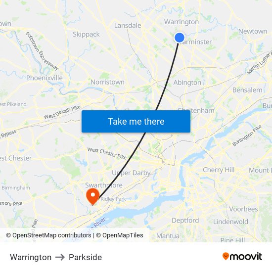 Warrington to Parkside map