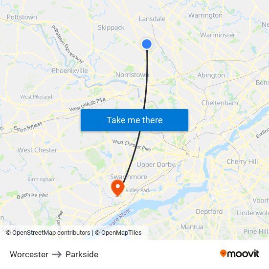 Worcester to Parkside map