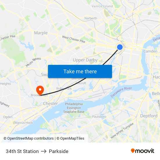 34th St Station to Parkside map