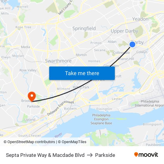 Septa Private Way & Macdade Blvd to Parkside map